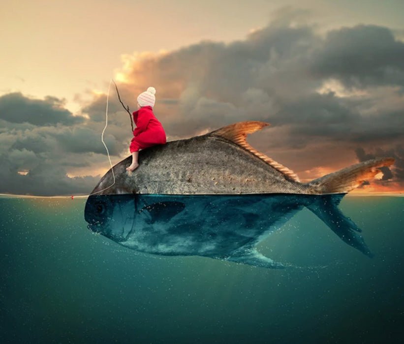ilustración fantástica de niño montado en un pez
