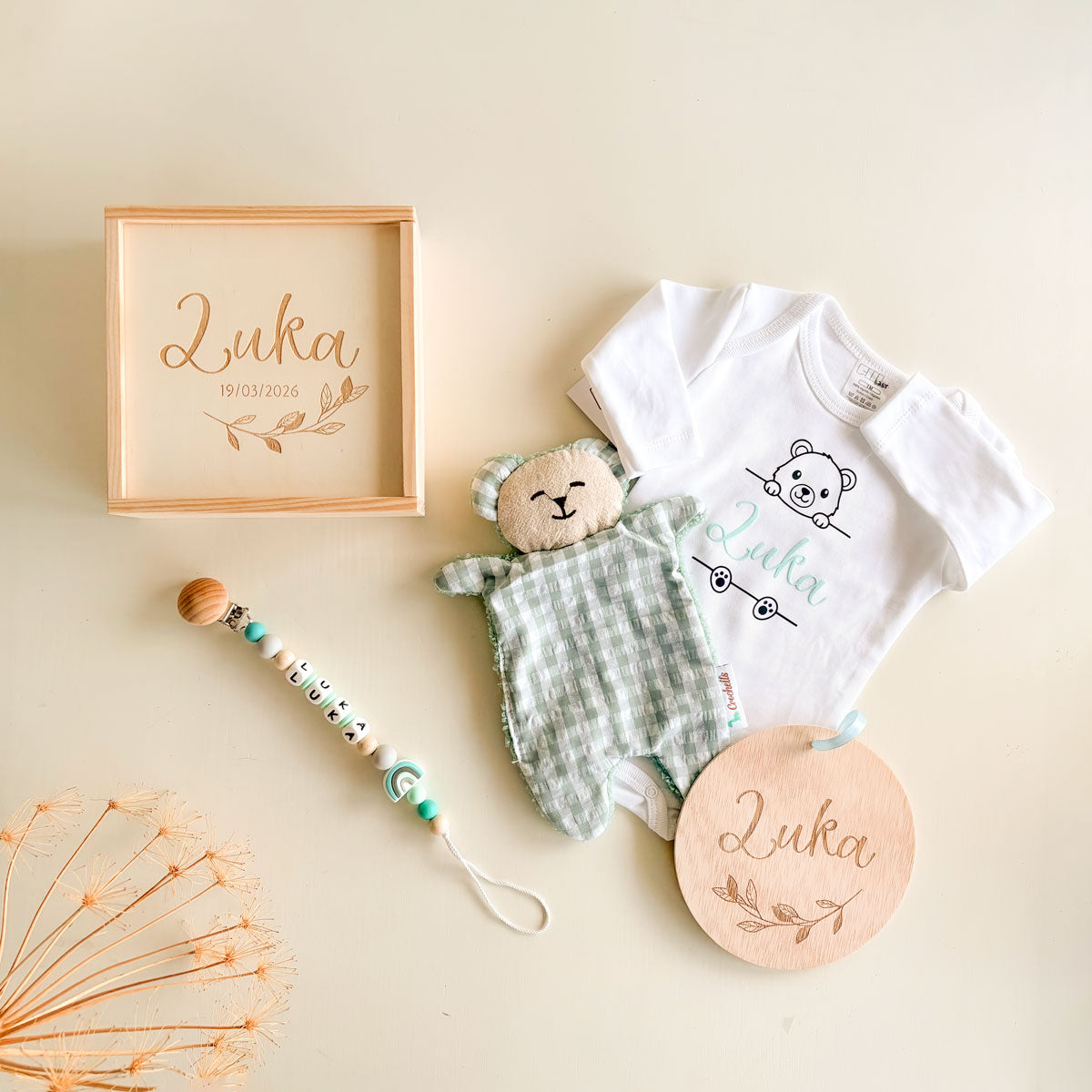 Cajita Regalo de Nacimiento Personalizada Doudou Osito Menta | ChinPum