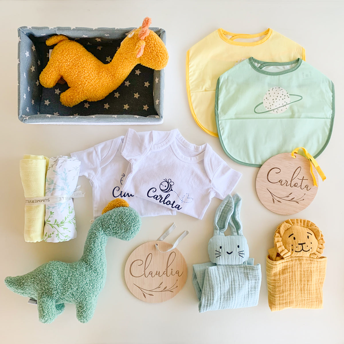 Canastilla para gemelos verde y mostaza Summertime | Chin Pum