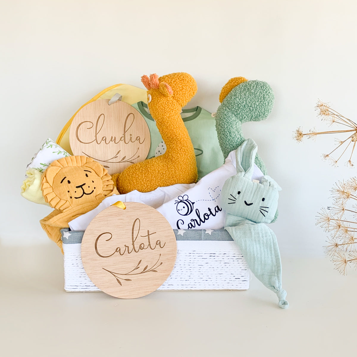 Canastilla para gemelos verde y mostaza Summertime | Chin Pum