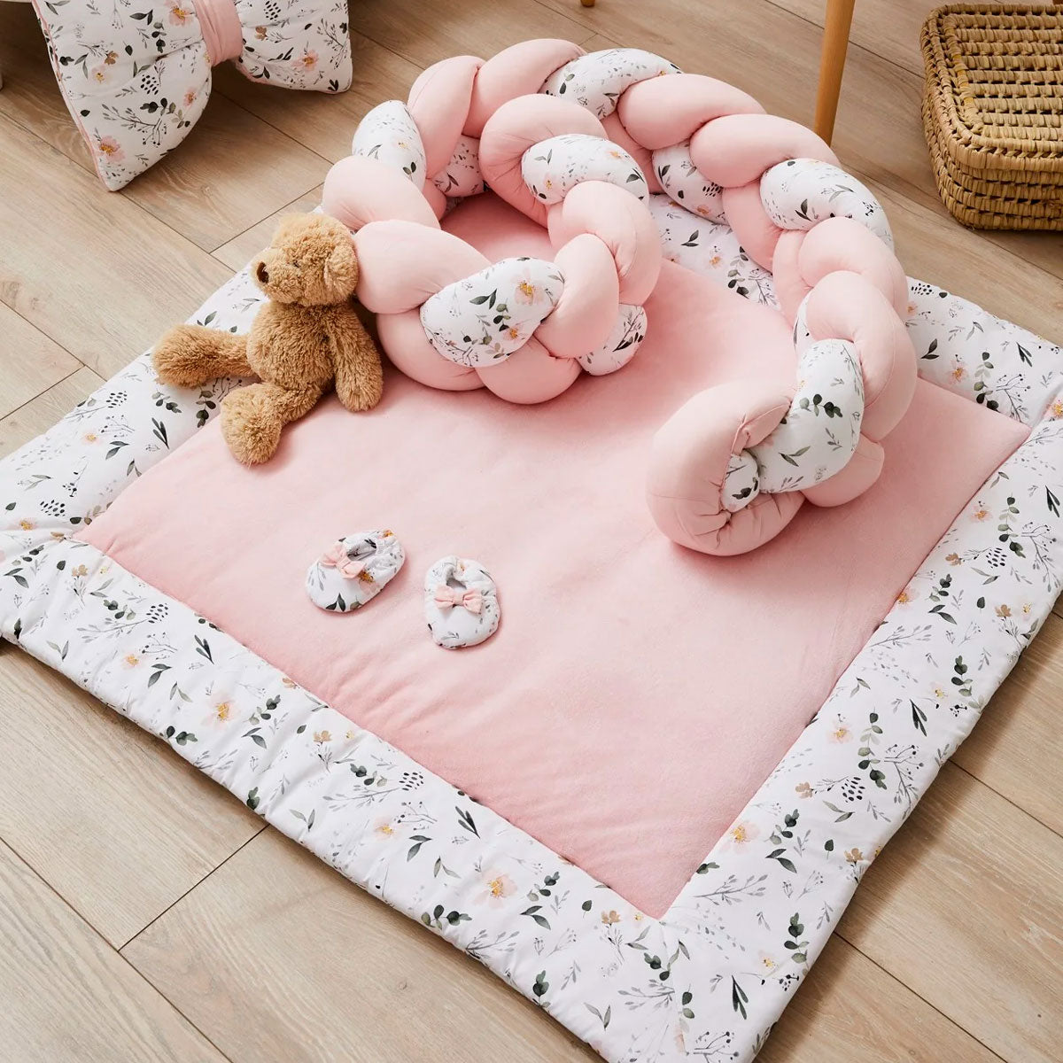 Alfombra de juego acolchada y reversible Rosa con flores | Chin Pum
