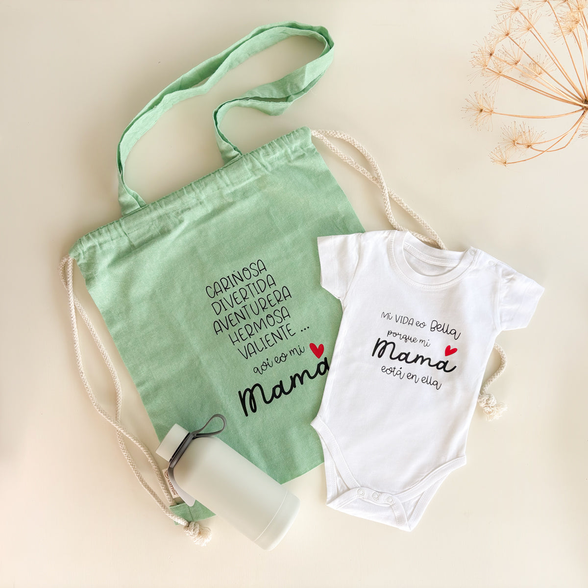 Pack regalo Mi Mamá mochila verde body blanco | Chin Pum