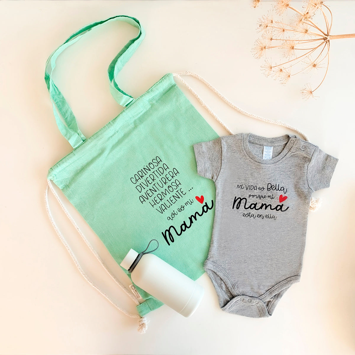 Pack regalo Mi Mamá mochila verde body gris | Chin Pum