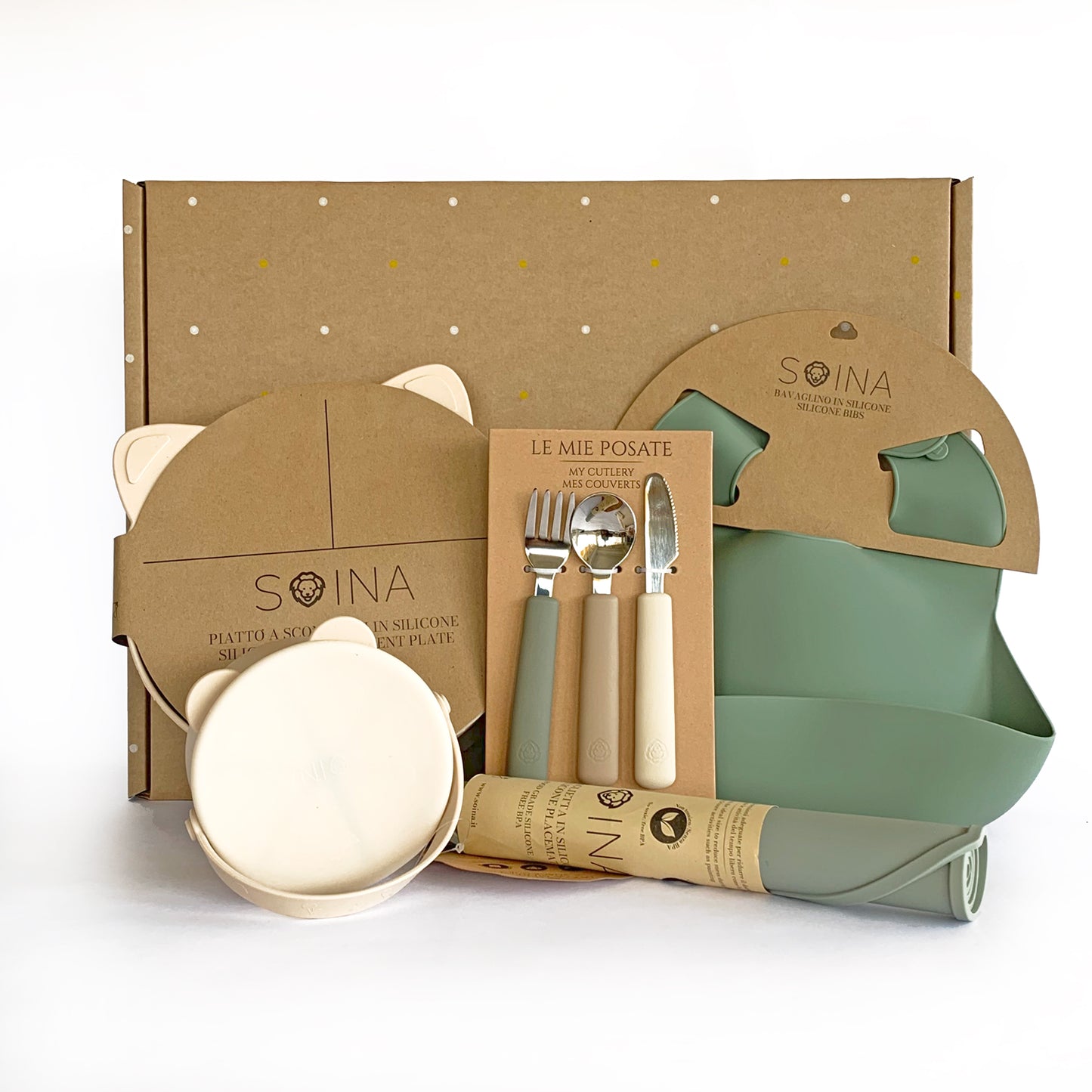 Vajilla Regalo Silicona Crema y Oliva | Chin Pum