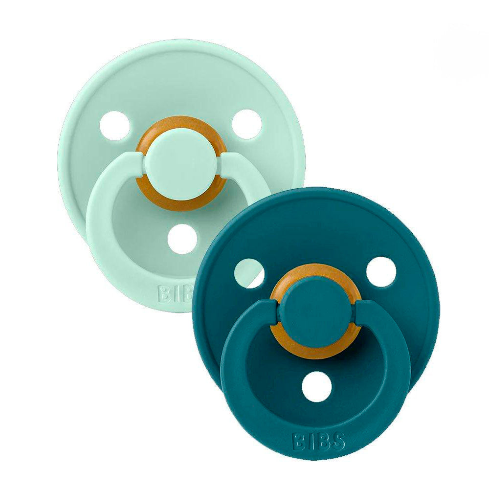 Chupetes Bibs verde y azul con tetina redonda en látex de caucho 100% natural | ChinPum