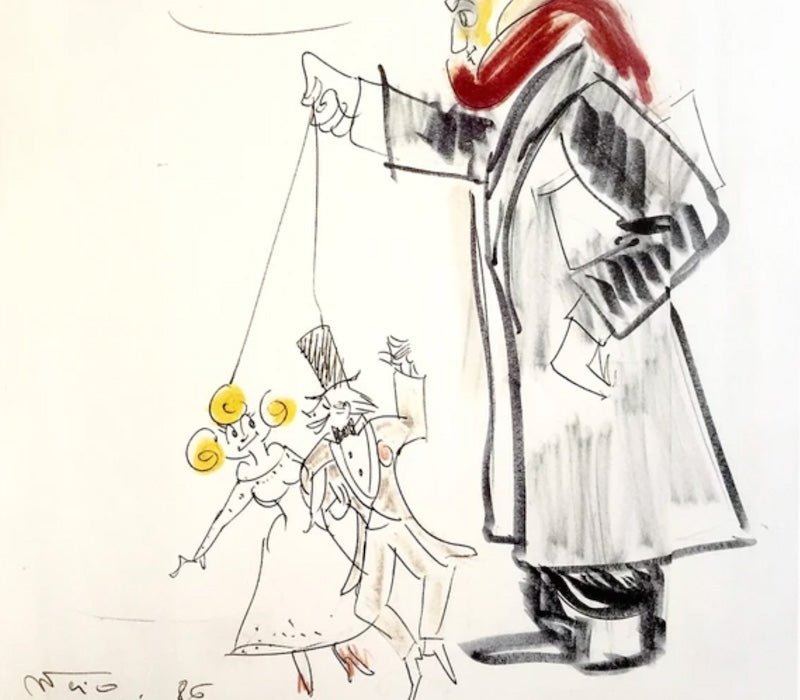 Dibujo autorretrato de Fellini con marionetas