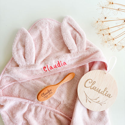Capa baño bebé Conejo Rosa personalizada con cepillo y disco | ChinPum