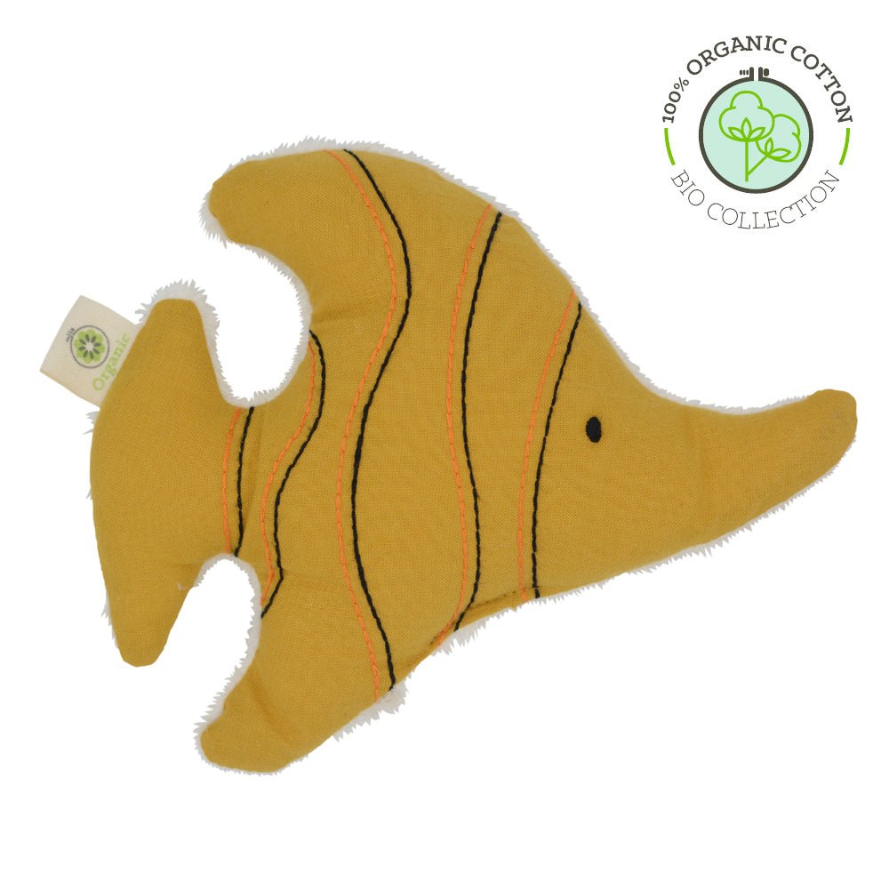 Sonajero de tela con forma de pez de color amarillo